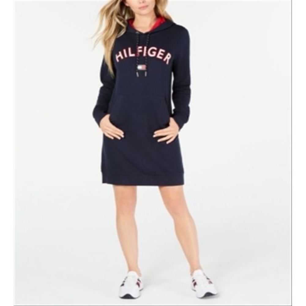 Tommy Hilfiger Hoodie Dress Womens Large Navy Blue Spell Out Sweatshirt pullover